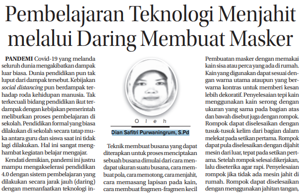 Pembelajaran Teknologi Menjahit melalui Daring Membuat Masker